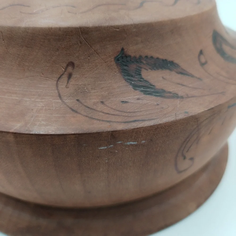 Vintage Hand Turned Wood Bowl Pyrography Floral Design Wood Burned Folk Art Boho